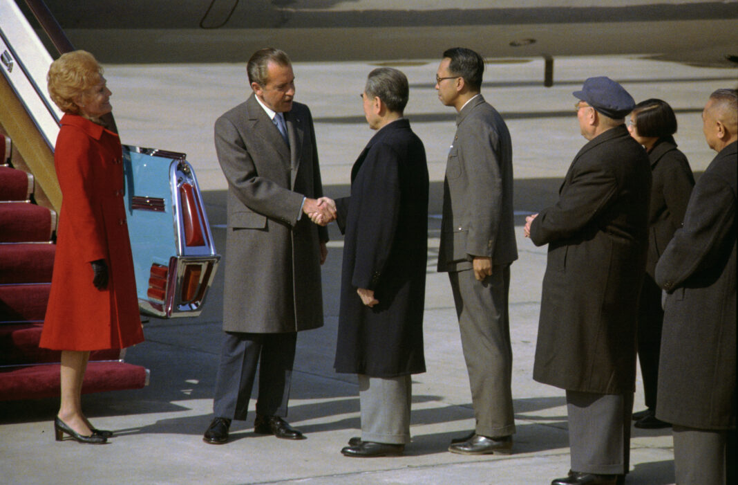 President Nixon shook hands first with Chinese Premier Zhou Enlai